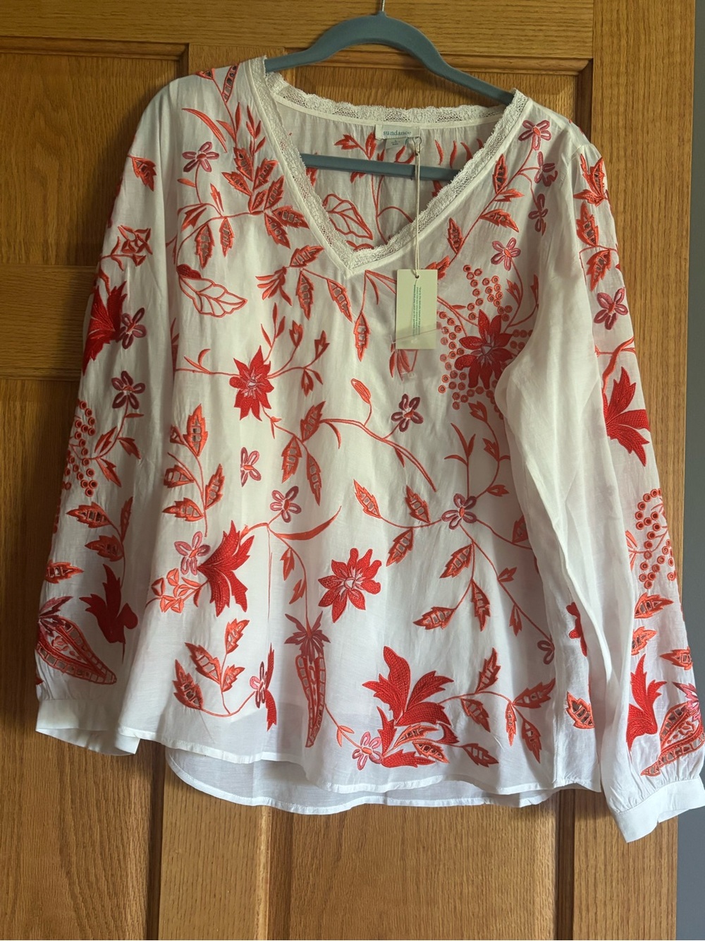 Sundance White V-Neck Tunic with Bright Red Floral Embroidery